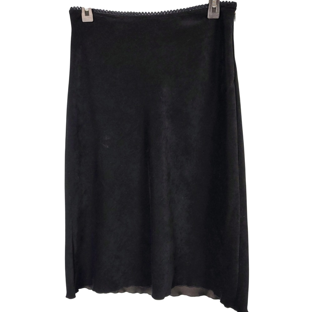 XOXO Black Faux Suede Midi Skirt Lace Trim Lettuce Hem  Womens Size M Vamp
